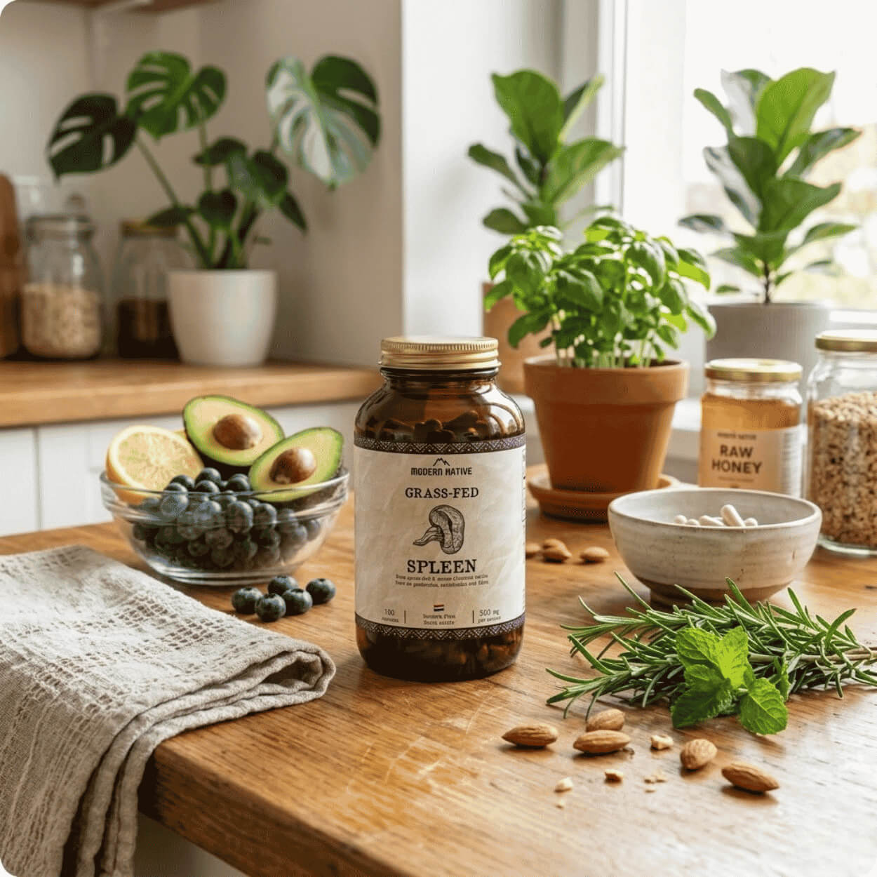 Skleněná dóza Modern Native Grass-Fed Spleen v čistém prostředí s přírodními surovinami.